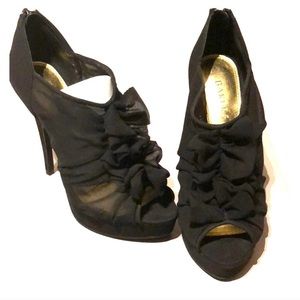 Black ruffle mesh heels